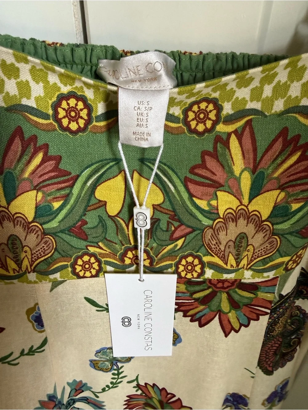NWT Caroline Constas Cream Floral Maxi Dress with Green and Yellow Accents, S.